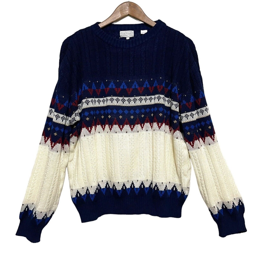 Rob Winter Sweater Mens L Navy Blue Fair Isle Cable Knit Vintage Cabin Nordic